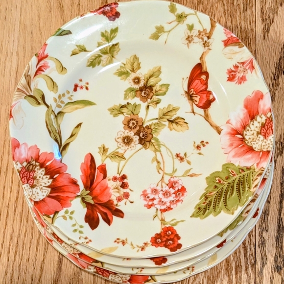 222 Fifth Other - Elegant Pale Celery Green & Coral-Red Dessert Plates, Porcelain Set Of 4